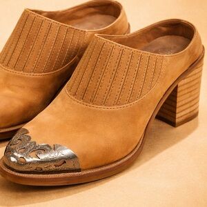 Free People Tan Leather Western Heels Silver Toe Cap EU 37 Boho Spain